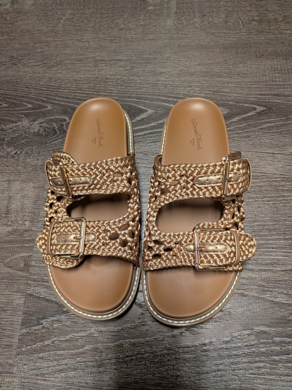 Universal Thread Braided Woven Double-Buckle Slide Sandal in Metallic Tan Size 7